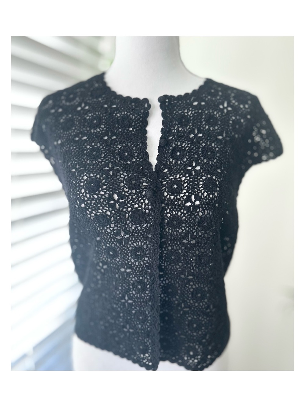 Ralph Lauren Black Crochet Short-Sleeve Open Cardigan